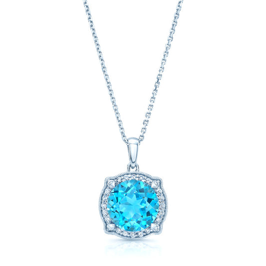 Blue Topaz And Diamond Round Halo Pinched Corner Pendant In 14k White Gold ( Hi / Si )