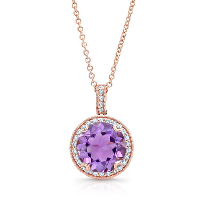 Amethyst And Diamond Round Halo Antique Finish Pendant In 14k Rose Gold ( Hi / Si )