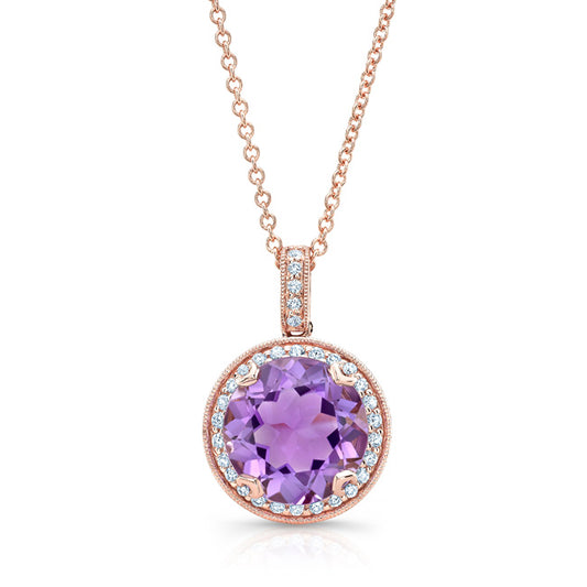 Amethyst And Diamond Round Halo Antique Finish Pendant In 14k Rose Gold ( Hi / Si )