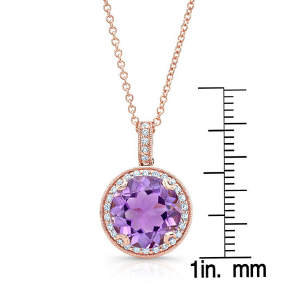 Amethyst And Diamond Round Halo Antique Finish Pendant In 14k Rose Gold ( Hi / Si )