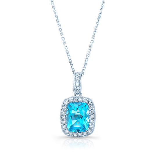 Blue Topaz And Diamond Elongated Cushion Halo Pendant In 14k White Gold