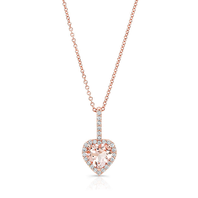 Morganite and Diamond Halo Heart Pendant in 14k Rose Gold 1/4ctw
