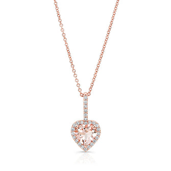 Morganite and Diamond Halo Heart Pendant in 14k Rose Gold 1/4ctw