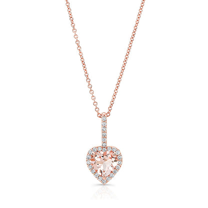 Morganite and Diamond Halo Heart Pendant in 14k Rose Gold 1/4ctw