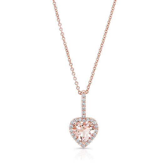 Morganite and Diamond Halo Heart Pendant in 14k Rose Gold 1/4ctw