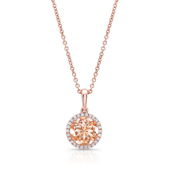 Morganite and Diamond Halo Pendant in 14k Rose Gold