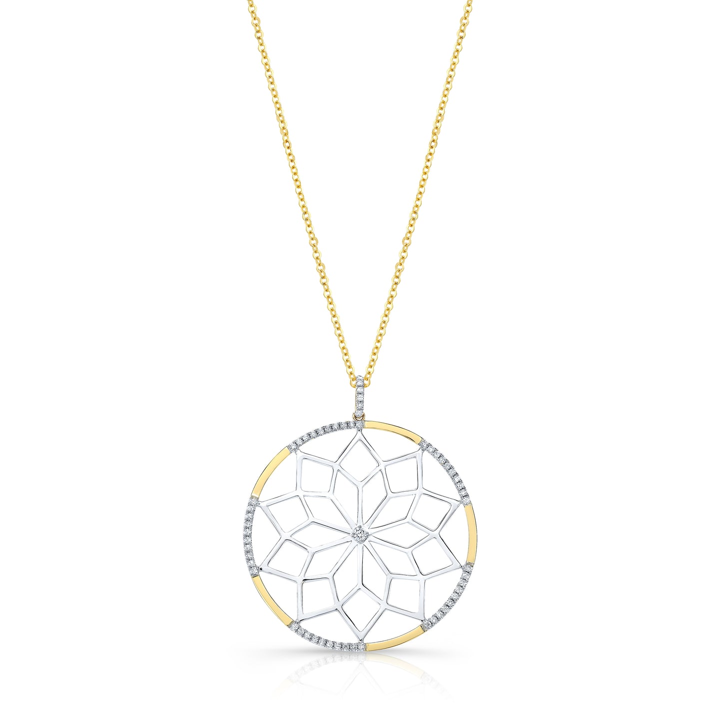 Diamond Snowflake Pendant With Circular Frame in 14k Yellow Gold 1/3ctw, 16-18 Inch Adjustable Rolo Chain