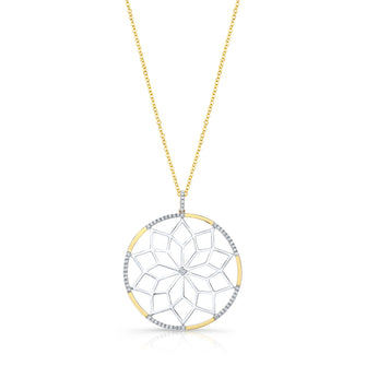 Diamond Snowflake Pendant With Circular Frame in 14k Yellow Gold 1/3ctw, 16-18 Inch Adjustable Rolo Chain