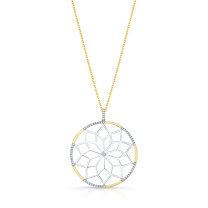 Diamond Snowflake Pendant With Circular Frame in 14k Yellow Gold 1/3ctw, 16-18 Inch Adjustable Rolo Chain