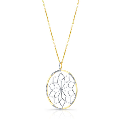 Diamond Snowflake Pendant With Circular Frame in 14k Yellow Gold 1/3ctw, 16-18 Inch Adjustable Rolo Chain