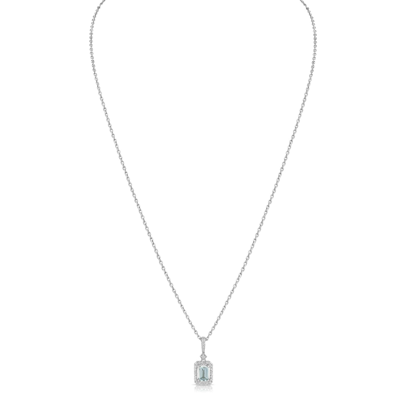 Aquamarine Emerald Cut Halo Pendant in 14k White Gold 1/6ctw