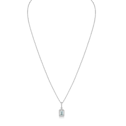 Aquamarine Emerald Cut Halo Pendant in 14k White Gold 1/6ctw