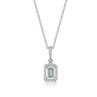 Aquamarine Emerald Cut Halo Pendant in 14k White Gold 1/6ctw
