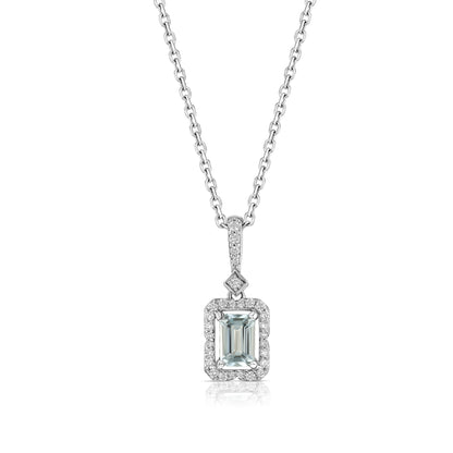 Aquamarine Emerald Cut Halo Pendant in 14k White Gold 1/6ctw