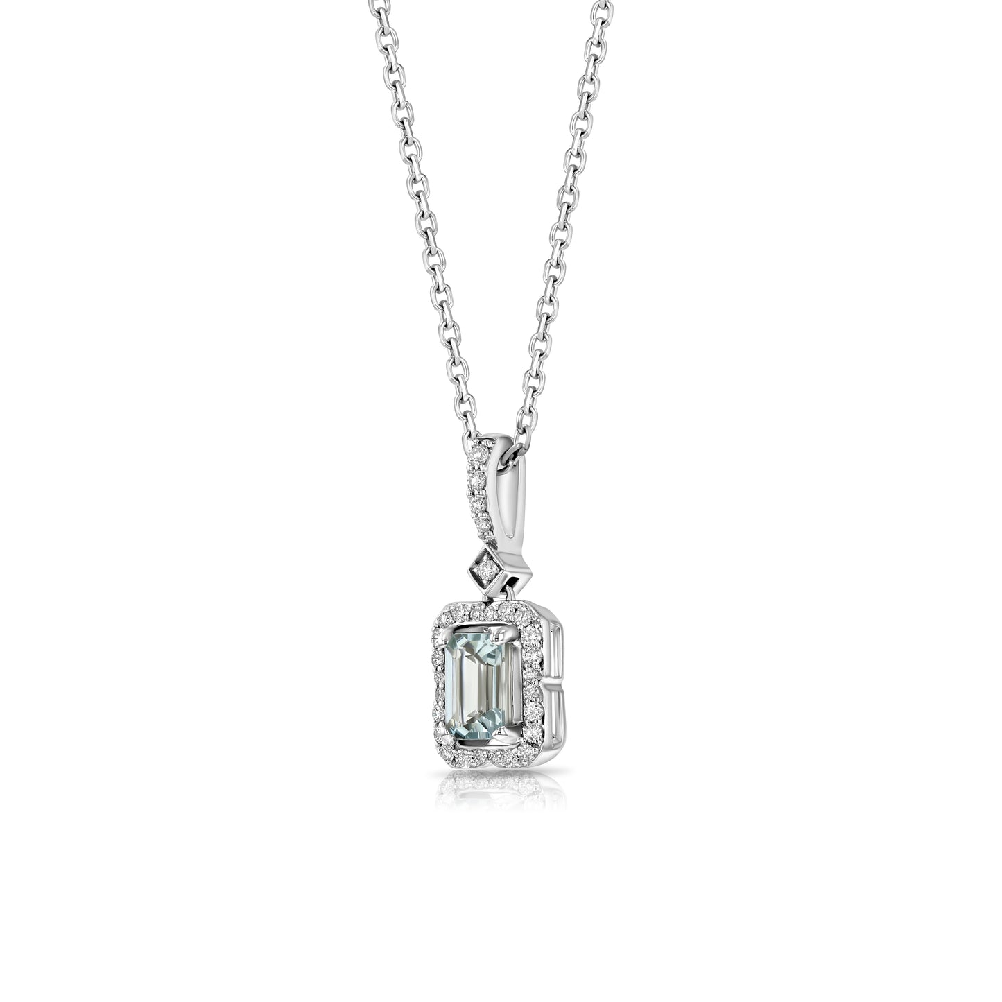 Aquamarine Emerald Cut Halo Pendant in 14k White Gold 1/6ctw