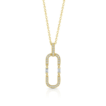Round and Baguette Diamond Paper Clip Pendant in 14K Yellow Gold 1/3ctw