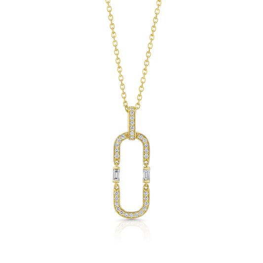 Round and Baguette Diamond Paper Clip Pendant in 14K Yellow Gold 1/3ctw