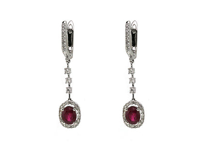 Ruby And Diamond Dangle Oval Halo Earrings In 14k White Gold (6x4mm)