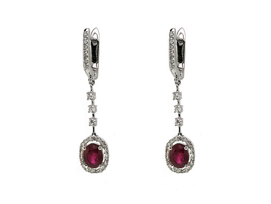Ruby And Diamond Dangle Oval Halo Earrings In 14k White Gold (6x4mm)