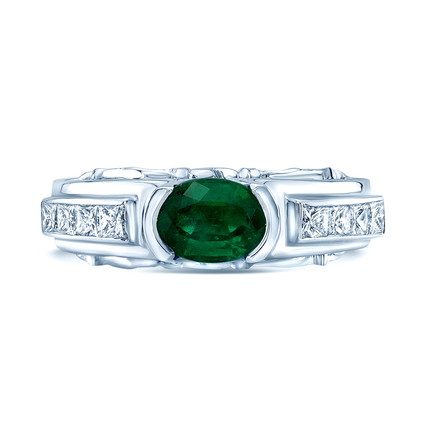Emerald And Diamond Semi Bezel Channel Princess Ring In 18k White Gold