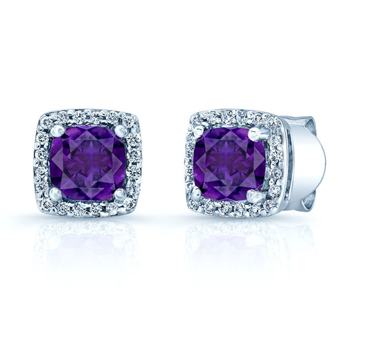 Amethyst And Diamond Cushion Halo Earrings In 14k White Gold