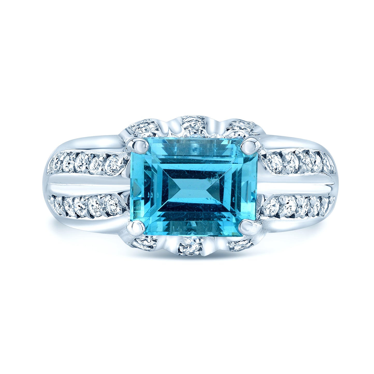 Aquamarine And Diamond Sideways Emerald Cut Ring In 18k White Gold