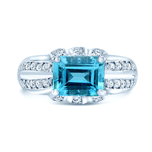 Aquamarine And Diamond Sideways Emerald Cut Ring In 18k White Gold