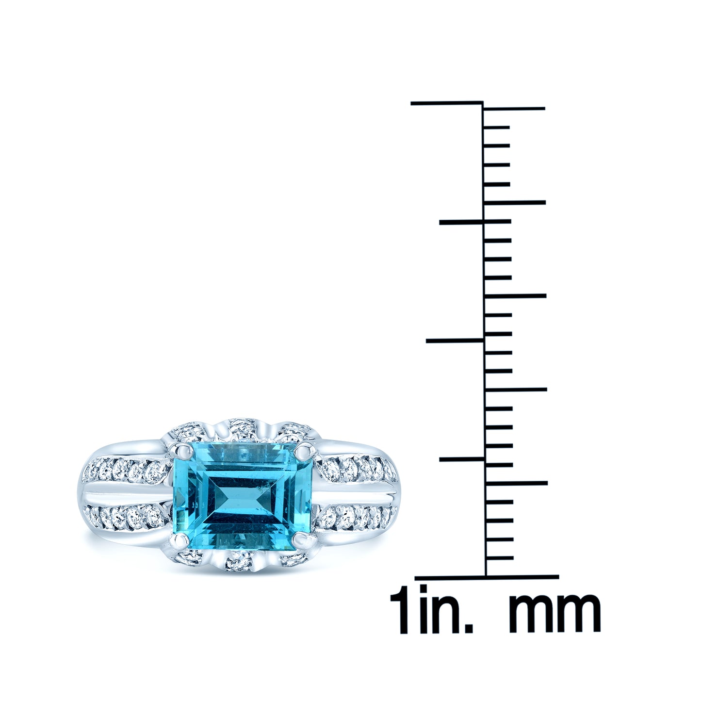 Aquamarine And Diamond Sideways Emerald Cut Ring In 18k White Gold