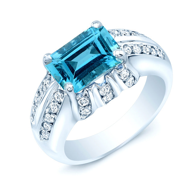 Aquamarine And Diamond Sideways Emerald Cut Ring In 18k White Gold