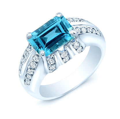 Aquamarine And Diamond Sideways Emerald Cut Ring In 18k White Gold