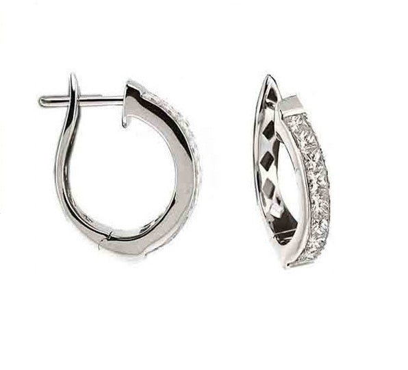 Diamond Princess Cut Hindged Back Channel Hoop Earrings In 18k White Gold (1.5 Ctw)