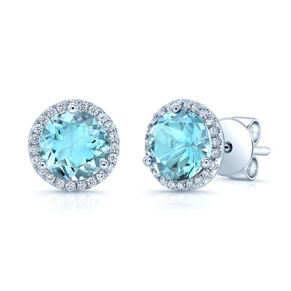 Aqua & Diamond Round Halo Earring With Martini Setting  In 14k White Gold (8mm)