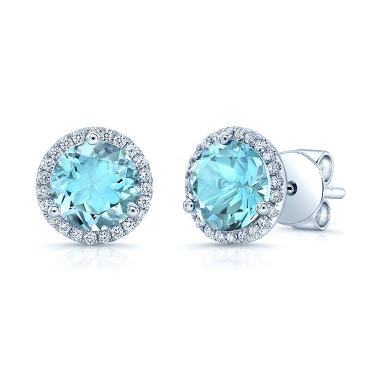 Aqua & Diamond Round Halo Earring With Martini Setting  In 14k White Gold (8mm)