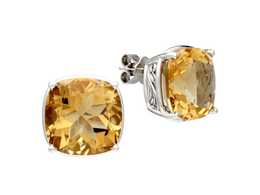 8mm Cushion Cut Citrine Stud Earrings In 14k White Gold