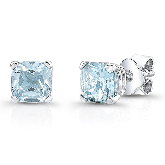 Aquamarine Cushion Stud Earrings In 14k White Gold (8mm)