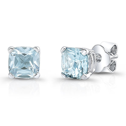 Aquamarine Cushion Stud Earrings In 14k White Gold (8mm)