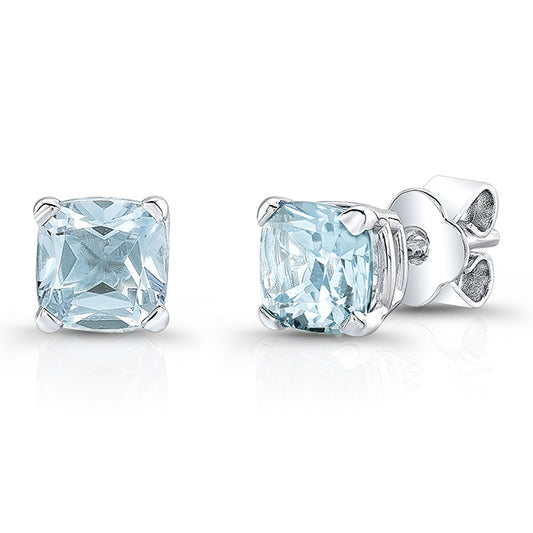 Aquamarine Cushion Stud Earrings In 14k White Gold (8mm)