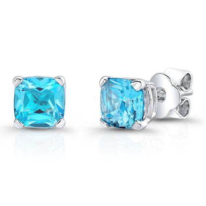 Blue Topaz Cushion Stud Earrings In 14k White Gold (8mm)