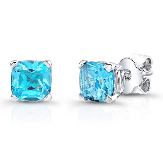 Blue Topaz Cushion Stud Earrings In 14k White Gold (8mm)