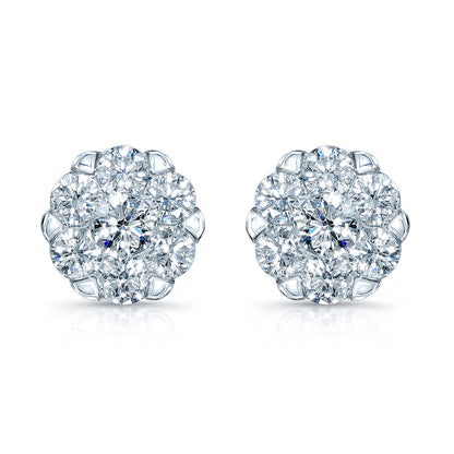 Diamond Cluster Stud Earrings In 14k White Gold