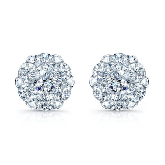 Diamond Cluster Stud Earrings In 14k White Gold