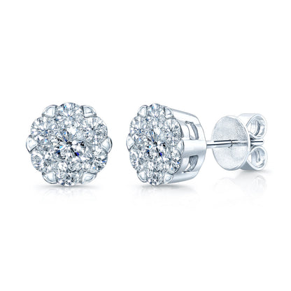 Diamond Cluster Stud Earrings In 14k White Gold