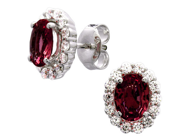 Ruby Oval And Diamond Halo Earrings In 14k White Gold (7x5mm)