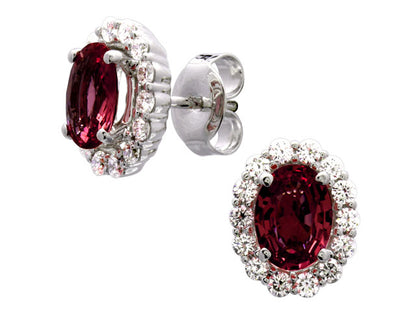 Ruby Oval And Diamond Halo Earrings In 14k White Gold (7x5mm)