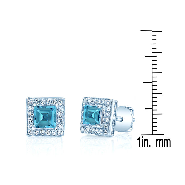 Aquamarine And Diamond Square Halo Earrings In 14k White Gold
