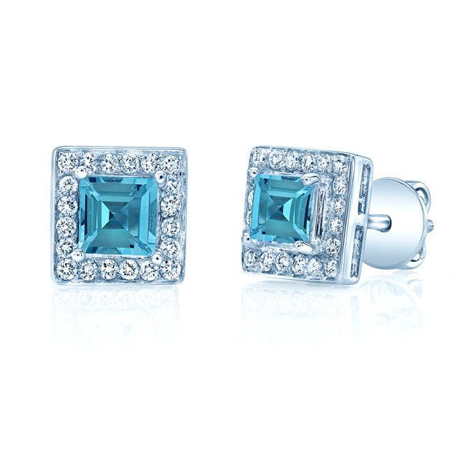 Aquamarine And Diamond Square Halo Earrings In 14k White Gold
