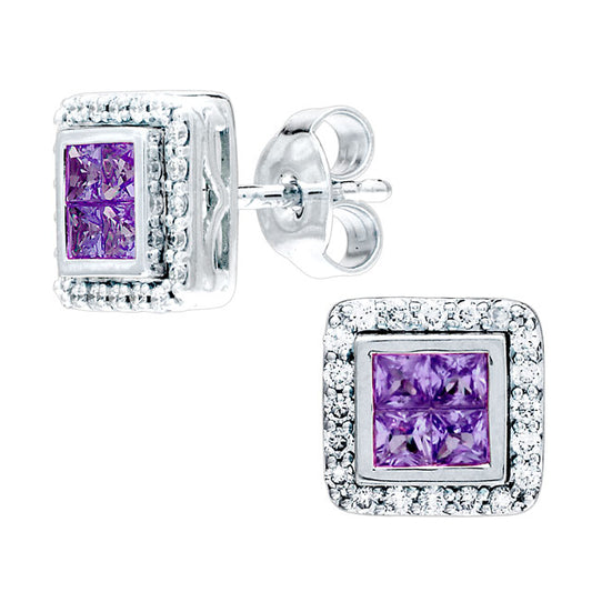 Amethyst And Diamond Square Framed Earrings In 14k White Gold