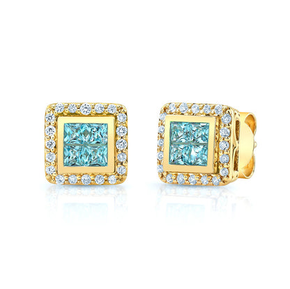 Blue Topaz And Diamond Invisible Set Cube Earrings In 14k Yellow Gold