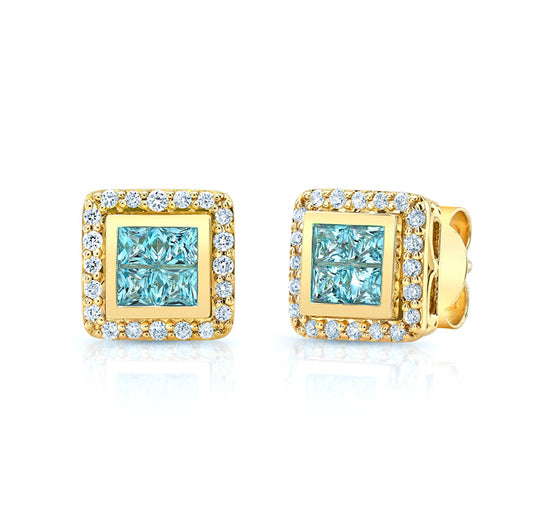 Blue Topaz And Diamond Invisible Set Cube Earrings In 14k Yellow Gold