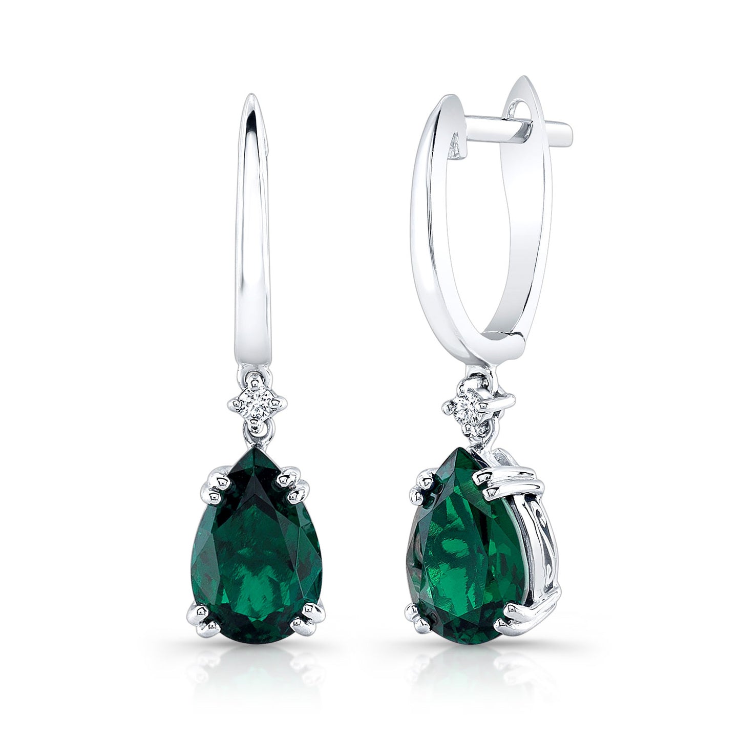 Created Emerald And Diamond Dangle Teardrop Earrings In 14k White Gold